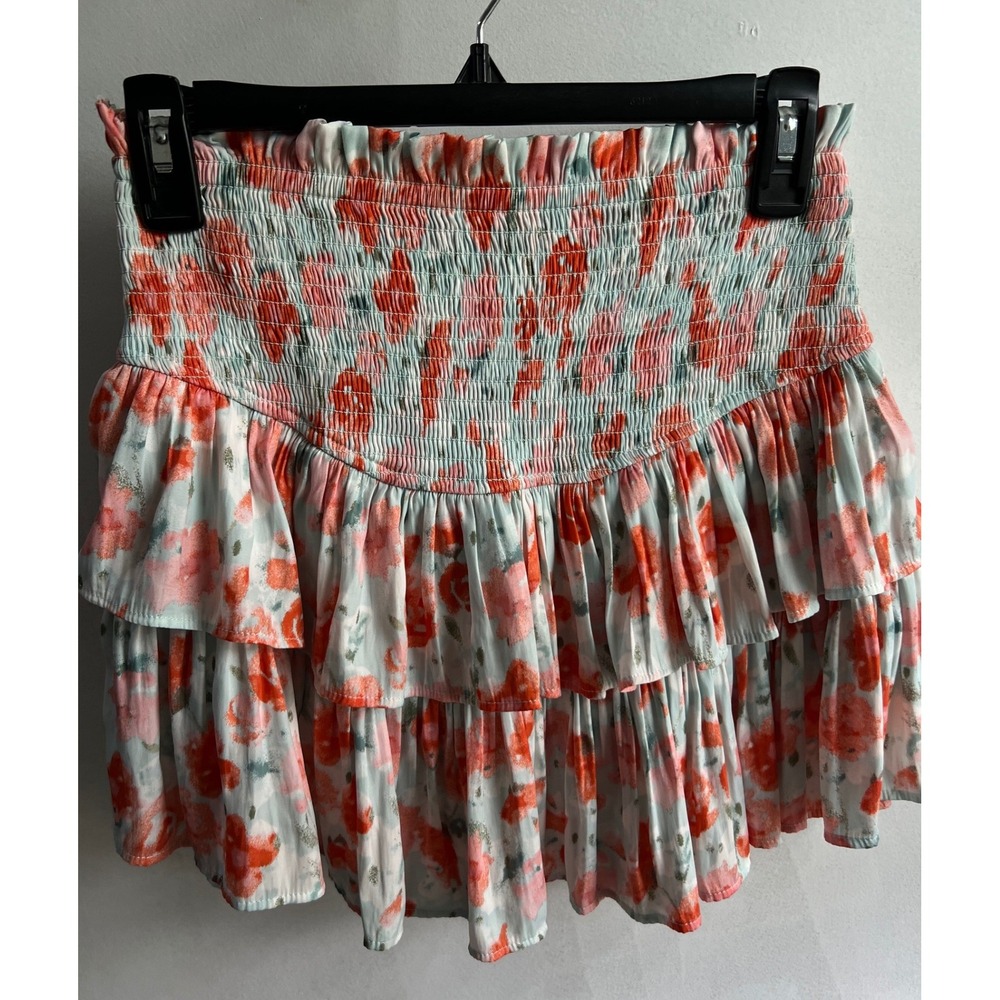 Versona Floral Smocked Ruffle Mini Skort Light Blue Orange Boho XS